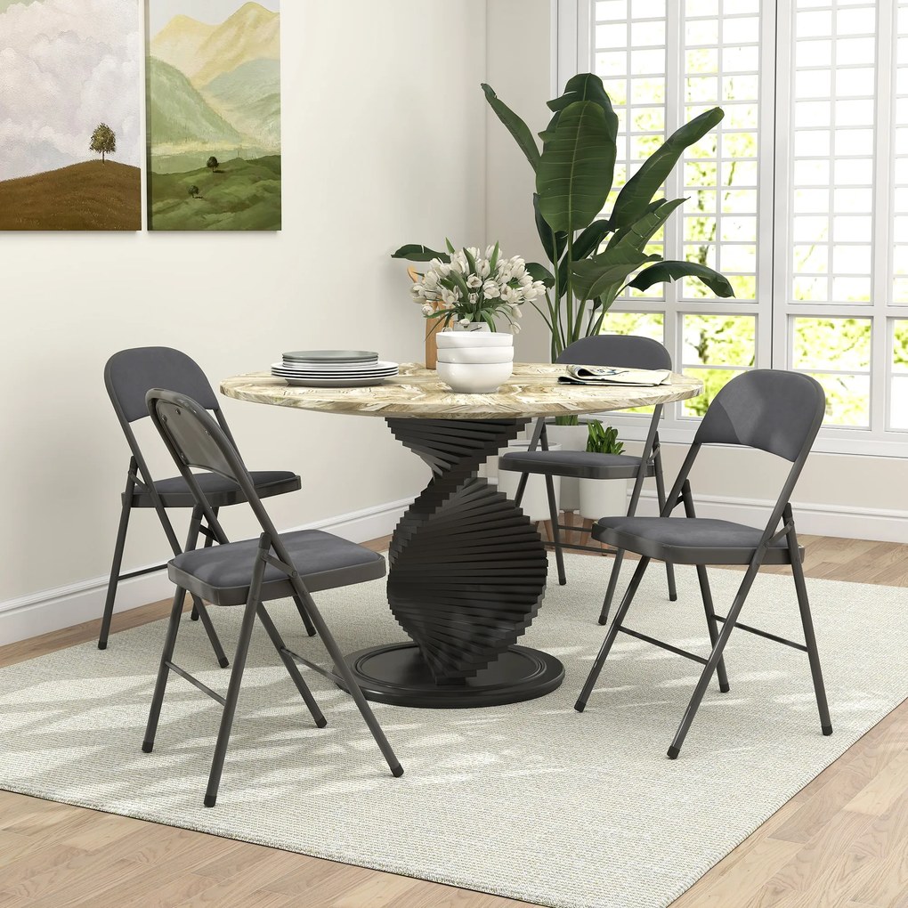 Conjunto de 4 cadeiras dobráveis e portáteis para interior (MESA NÃO INLCUIDA), com assentos e encostos estofados em veludo e estrutura em aço, cinzen