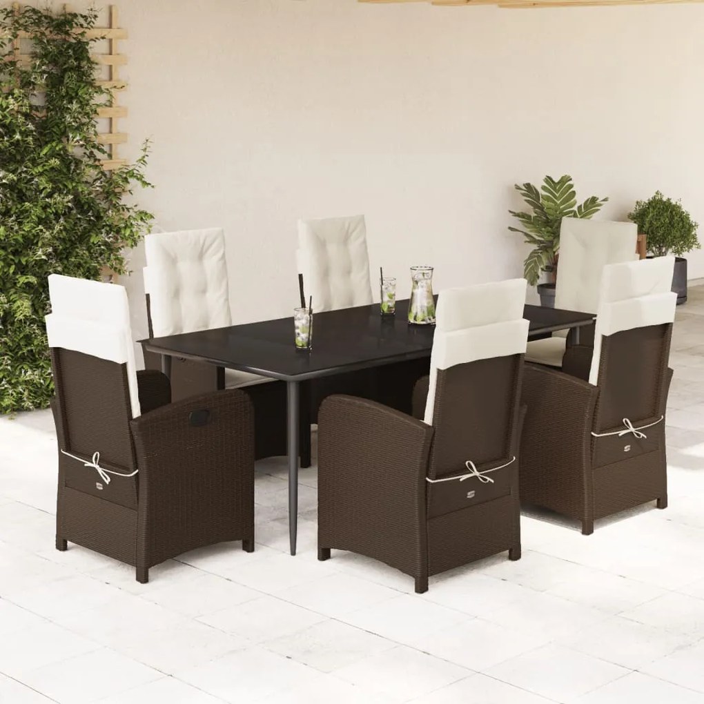 7 pcs conjunto jantar p/ jardim c/ almofadões vime PE castanho