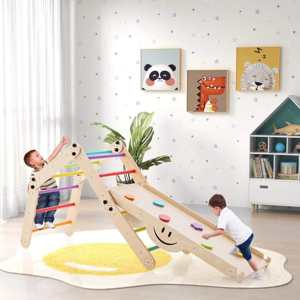 Conjunto de Escalada Montessori para crianças de Madeira Dobrável com Rampa Ajustável Baloiço de Escalada Reversível para Crianças Multicolorido
