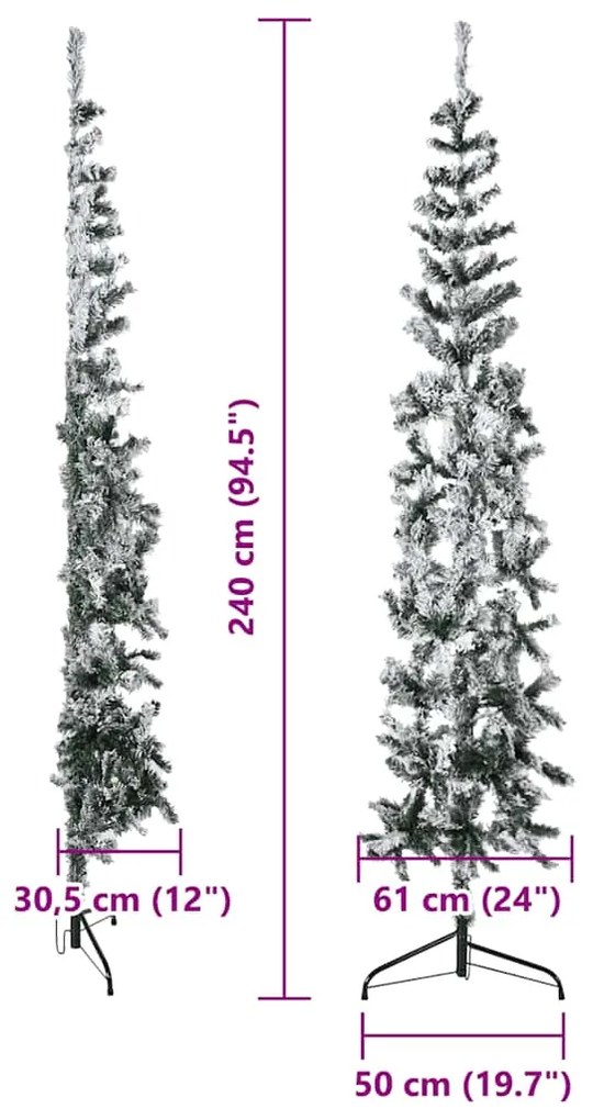 Meia árvore de Natal fina com flocos de neve 240 cm