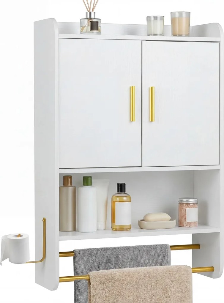 Armário para casa de banho parede, 55 x 20 x 80 cm, com portas, prateleira ajustável e barra para pendurar Branco