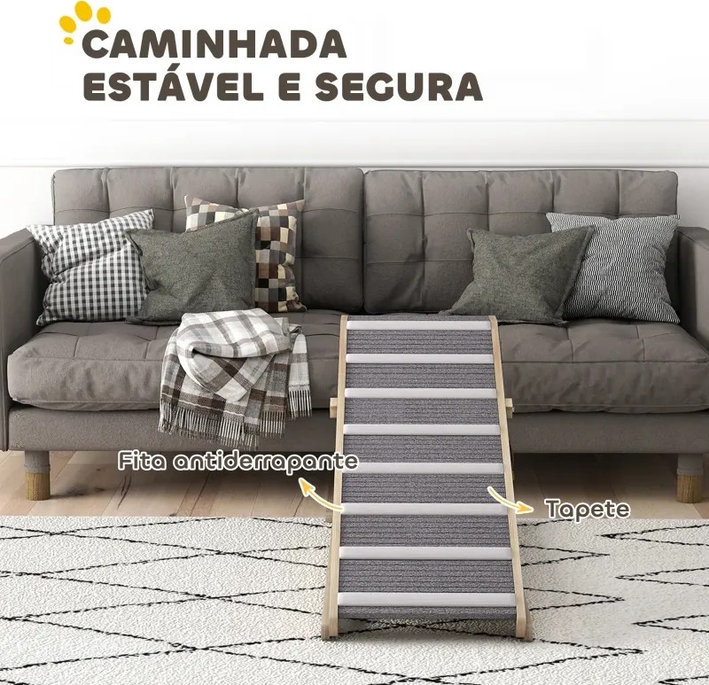 Rampa para Cães Dobrável com Altura Ajustável 41-60 cm e Tapete Antiderrapante 120x50x60 cm Madeira e Cinza