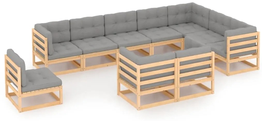 10 pcs conjunto lounge de jardim c/ almofadões pinho maciço