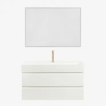 Conjunto De Móvel De Casa De Banho Suspenso Em Madeira E Folha De Freixo Com Lavatório Integrado Ona Branco & Led Retangular - Sklum