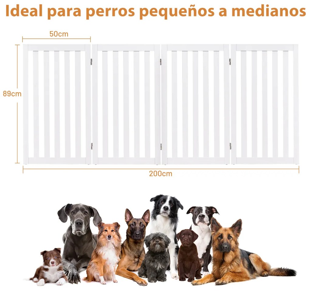 Cerca 4 painéis de madeira dobráveis ​​para animais de estimação 360° Rotating Dog Cerca Barreira Expansível para Porta Corredor Escadas Branco