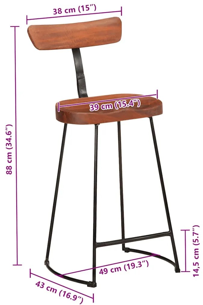 Bancos de bar 2 pcs 49x43x88 cm madeira de mangueira maciça