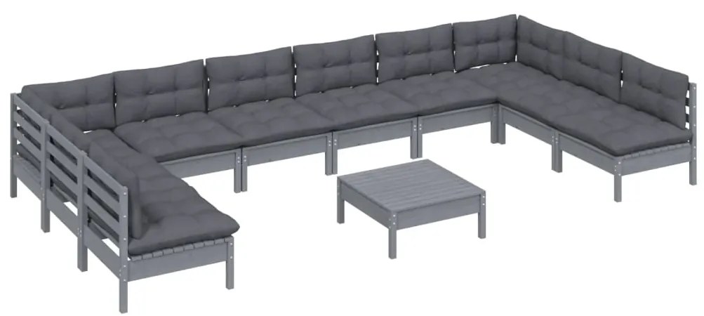 11pcs conjunto lounge de jardim + almofadões pinho maciço cinza