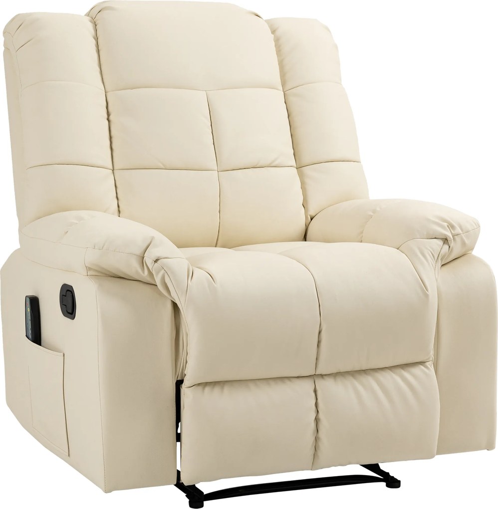 HOMCOM Poltrona de Massagem Poltrona Relax Reclinável com 8 Pontos de Massagem Controlo Remoto Estofada em PU 94x99x99 cm Creme | Aosom Portugal