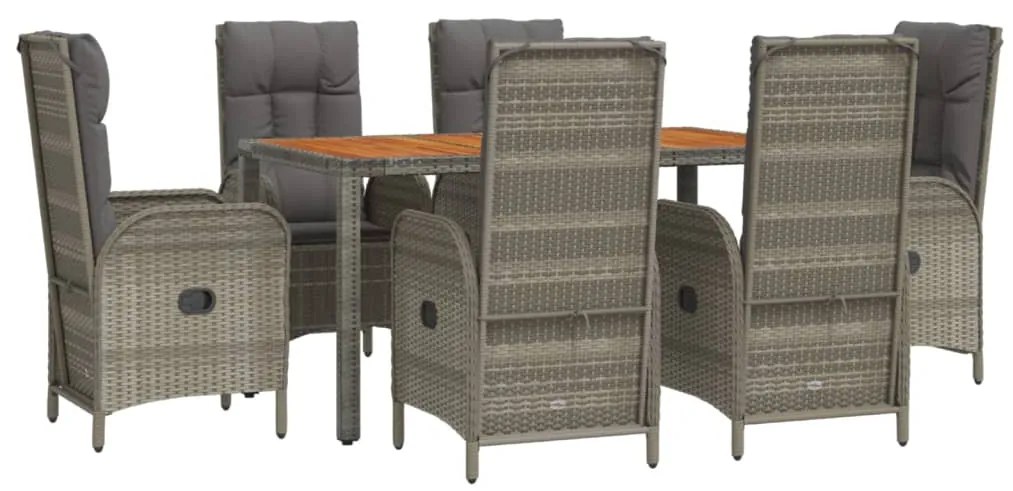 7 pcs conjunto de jantar p/ jardim c/ almofadões vime PE cinza