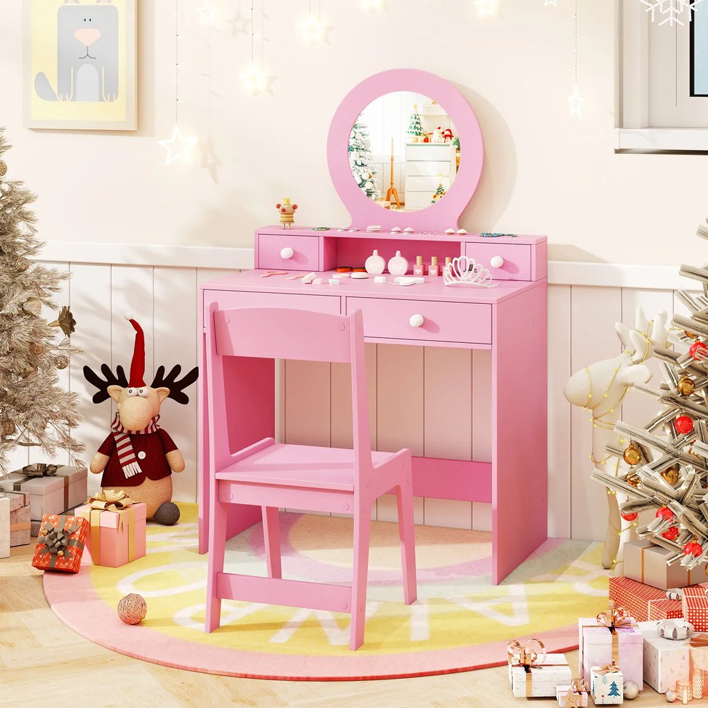 Conjunto de Toucador Infantil de Princesa com Cadeira, 70 x 40 x 110 cm, Espelho Inquebrável, Rosa