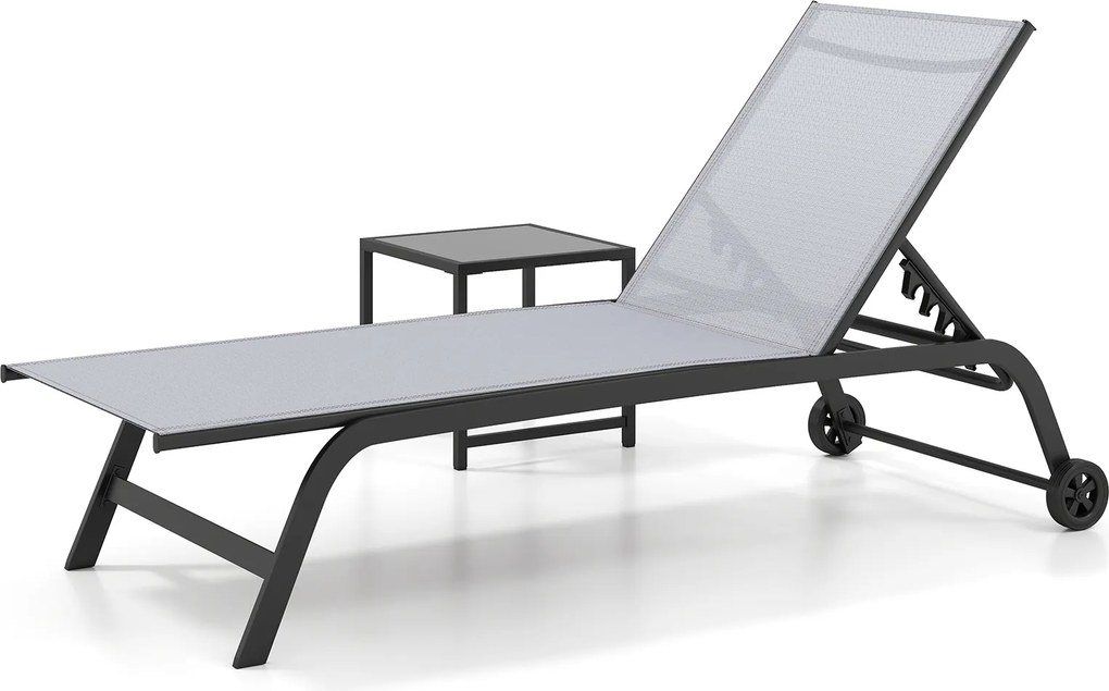 Conjunto de 2 Peças, Espreguiçadeira de Exterior e Mesa Auxiliar, 188-164 x 69 x 36-101 cm, Encosto Regulável em Seis Posições, Cinzento