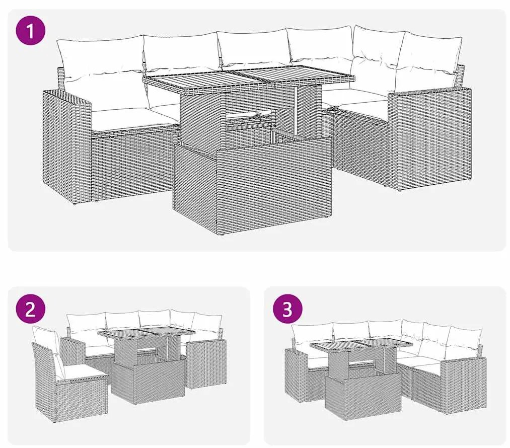 6 pcs conjunto de sofás p/ jardim com almofadões vime PE bege