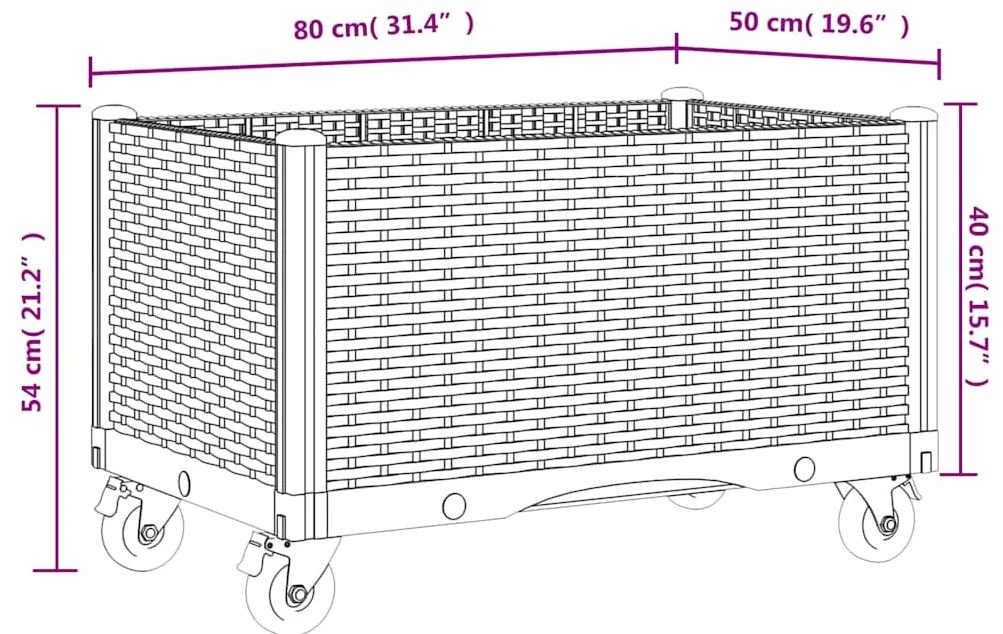 Vaso/floreira de jardim com rodas 80x50x54 cm PP cinzento azul