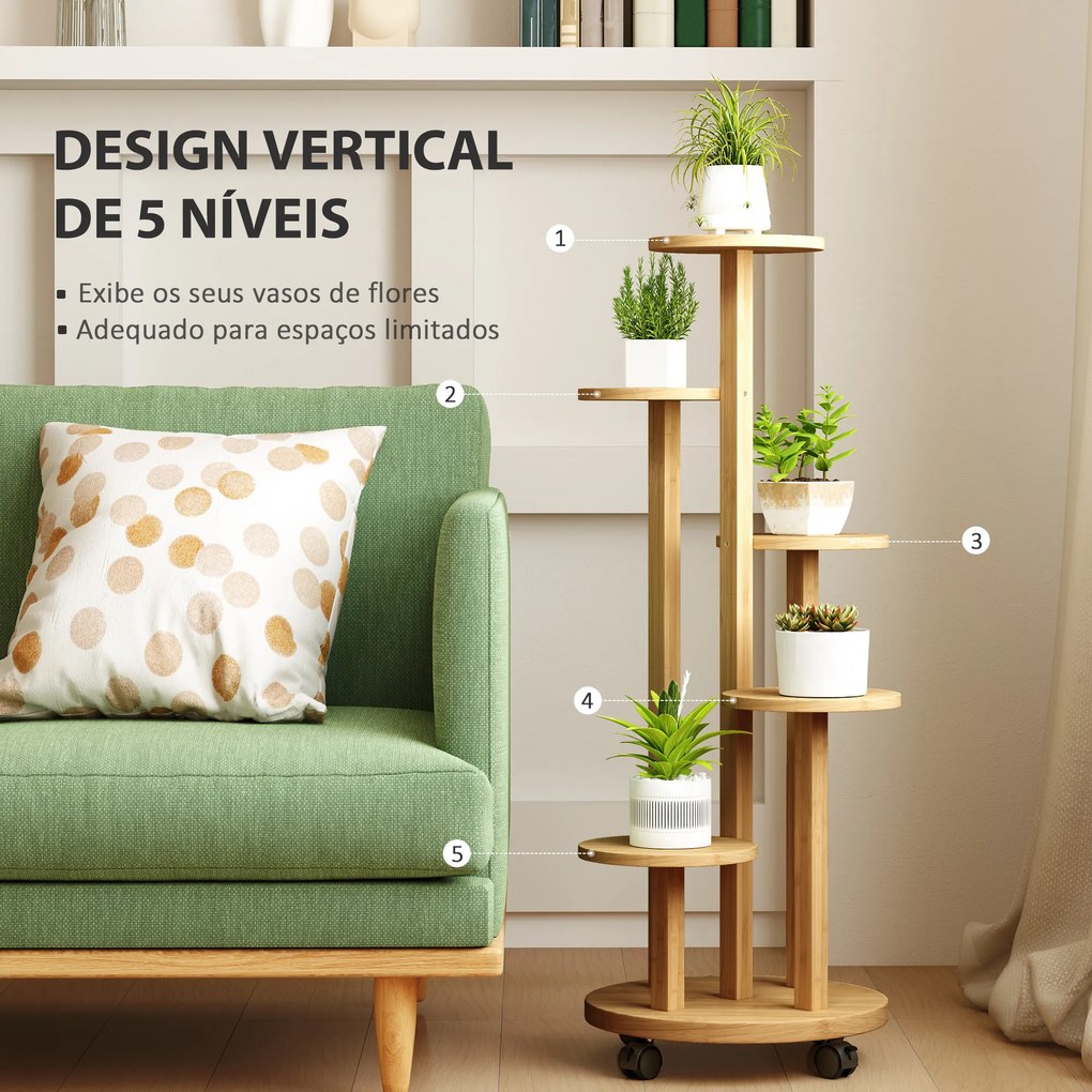 Suporte para Plantas em Bambu com Rodas de 5 Níveis Estante Redonda para Plantas para Cantos 33x33x90 cm Madeira