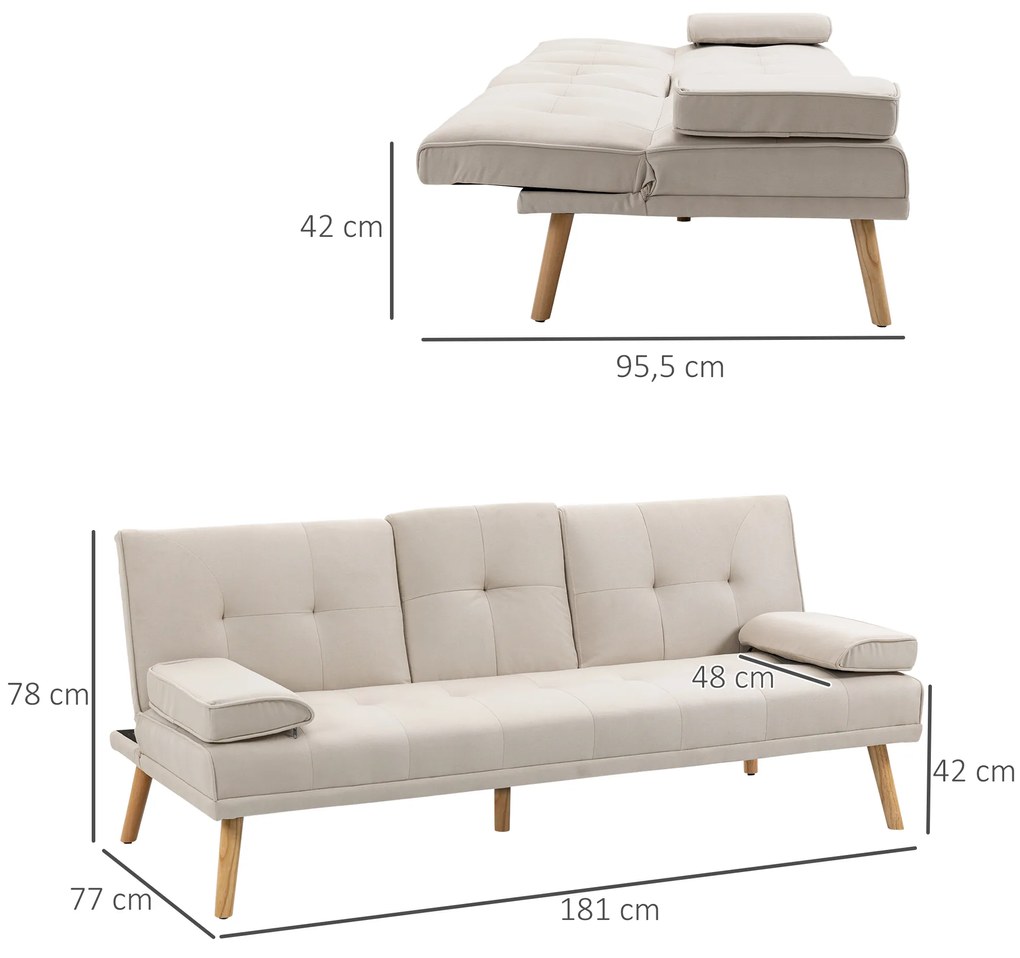 Sofá Cama 3 Lugares com Encosto Ajustável Apoio para os Braços Desmontável e 2 Suportes para Copos 181x77x78 cm Bege