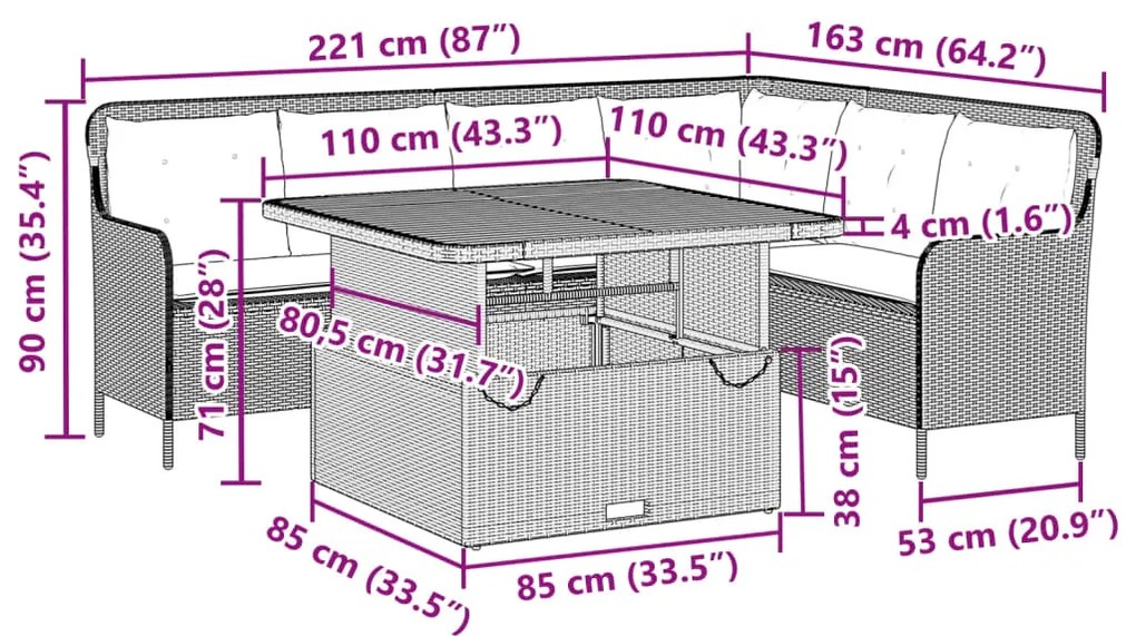 2 pcs conjunto de sofás p/ jardim com almofadões vime PE bege
