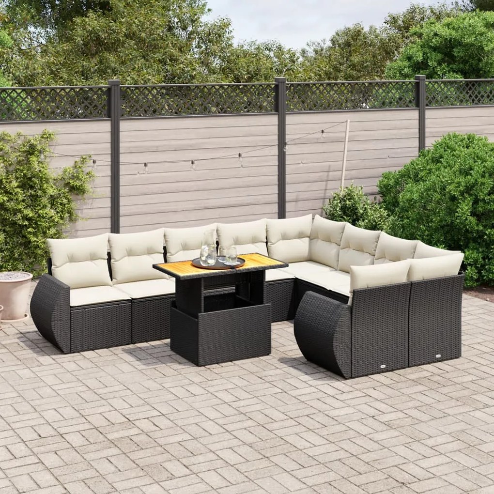 10 pcs conjunto sofás de jardim c/ almofadões vime PE preto