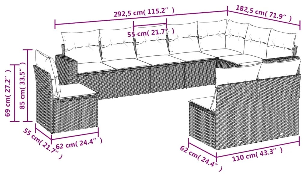 10 pcs conjunto de sofás p/ jardim com almofadões vime PE bege