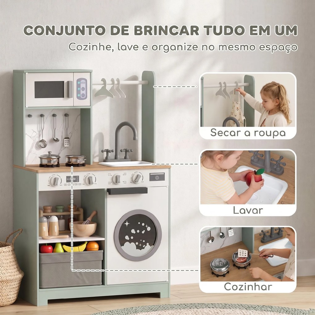 Cozinha de Brincar em Madeira com Lavandaria, Dispensador de Gelo, Gaveta em Tecido, Cabides e Acessórios em Aço Inoxidável, Verde