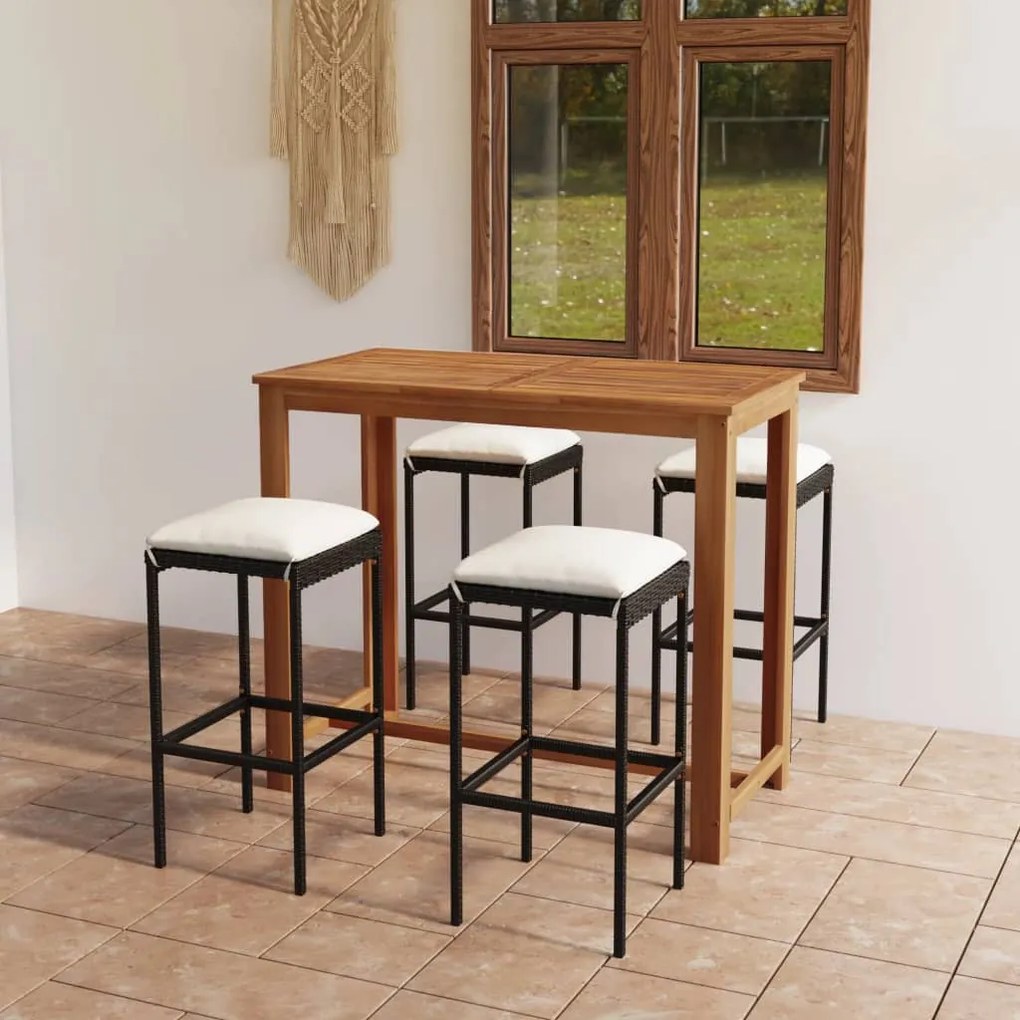 vidaXL 5 pcs conjunto de bar p/ jardim com almofadões preto