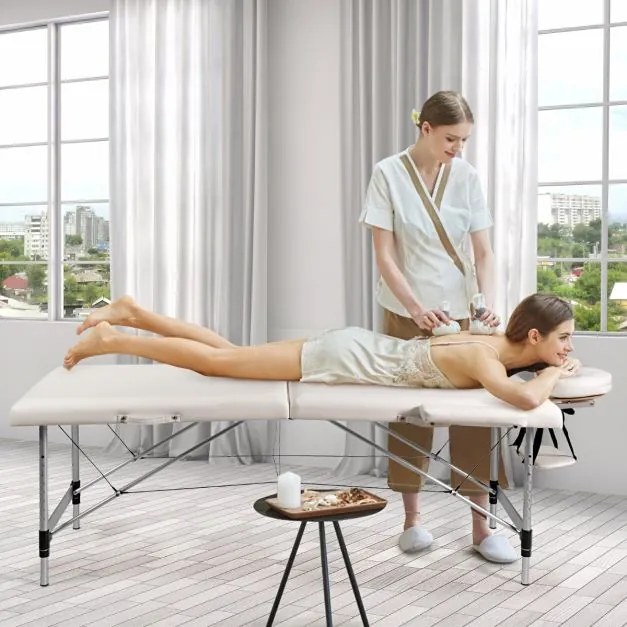 Mesa de massagem dobrável de 184 cm em alumínio portátil e leve, suporta 250 kg Branca