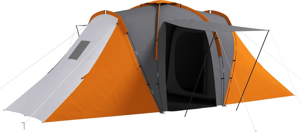 Outsunny Tenda túnel, 2000 mm Resistente à Água Tenda de Campismo para 4-6 Pessoas, com 2 Dormitórios e Área de Estar, Bolsa de Transporte, Cinza+Laranja | Aosom Portugal