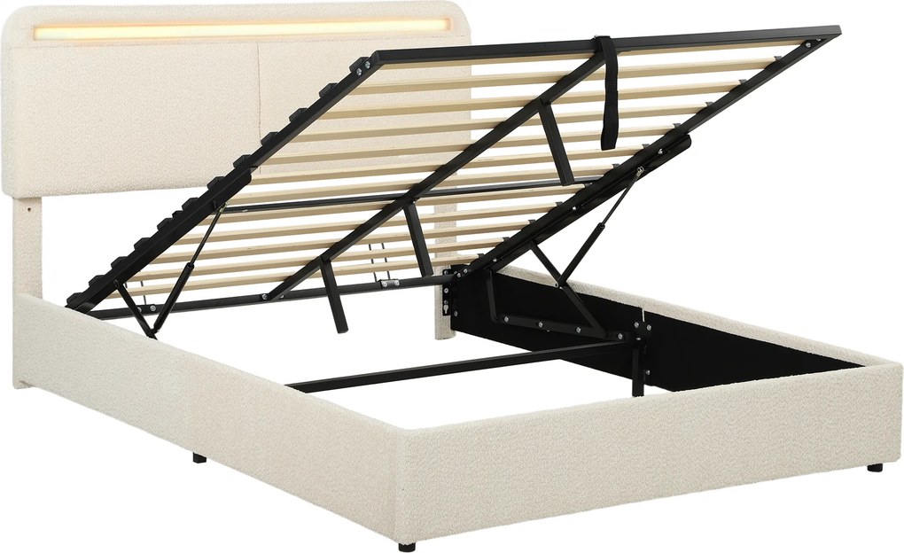 Cama de Casal com Arrumação, 199 x 154 x 108 cm (COLCHÃO NÃO INCLUIDO), Iluminação LED RGB, Creme