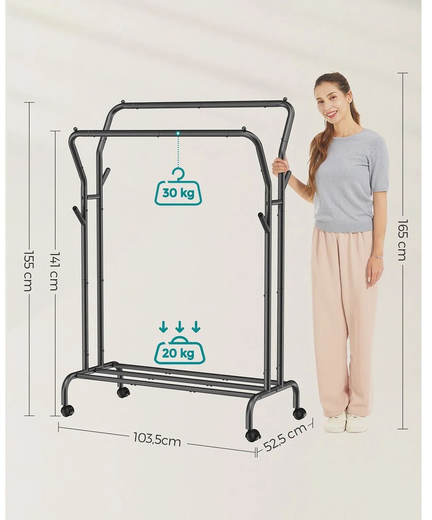 Cabide Guarda roupa com Rodas e 2 varões para roupa Preto