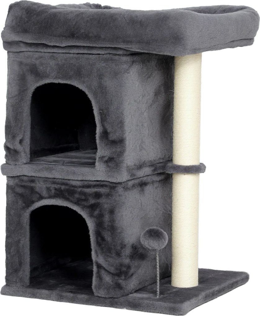 PawHut Arranhador para Gatos com Cama 2 Cavernas Poste de Sisal e Bola para Brincar 45x40x66 cm Cinzento Escuro | Aosom Portugal
