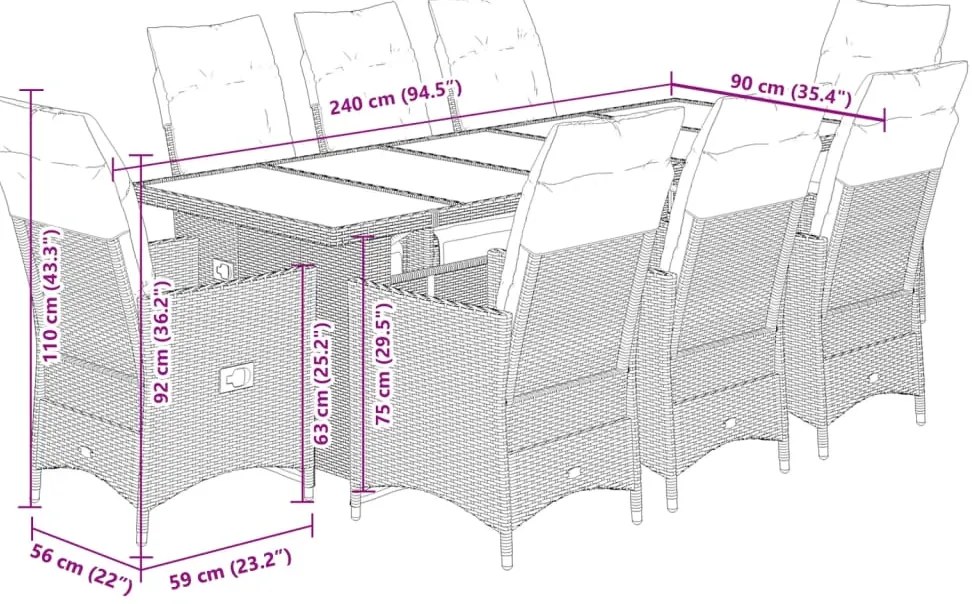 9 pcs conjunto de bistrô para jardim c/ almofadões vime PE bege
