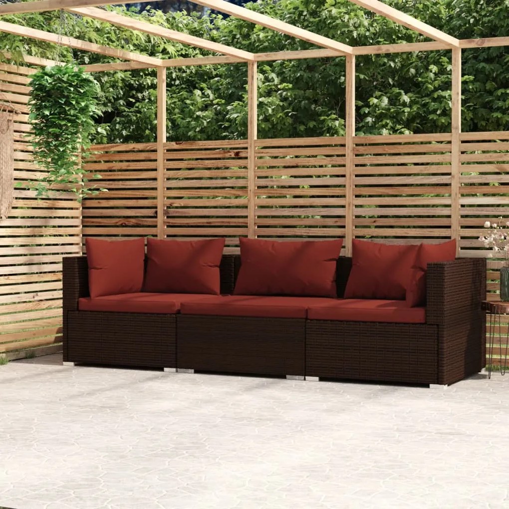 vidaXL Sofá de jardim 3 lugares com almofadões vime PE castanho