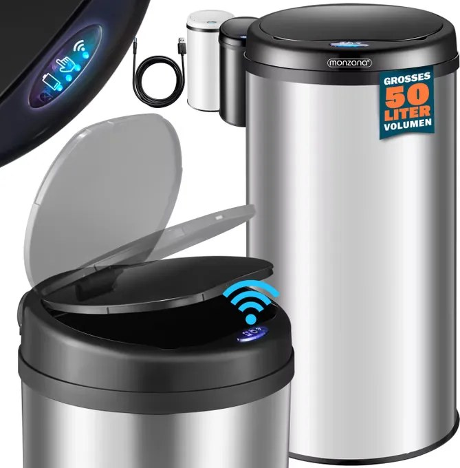 Caixote do lixo em aço inoxidável com sensor e até 50 L, Ø31 x 78 cm Prateado
