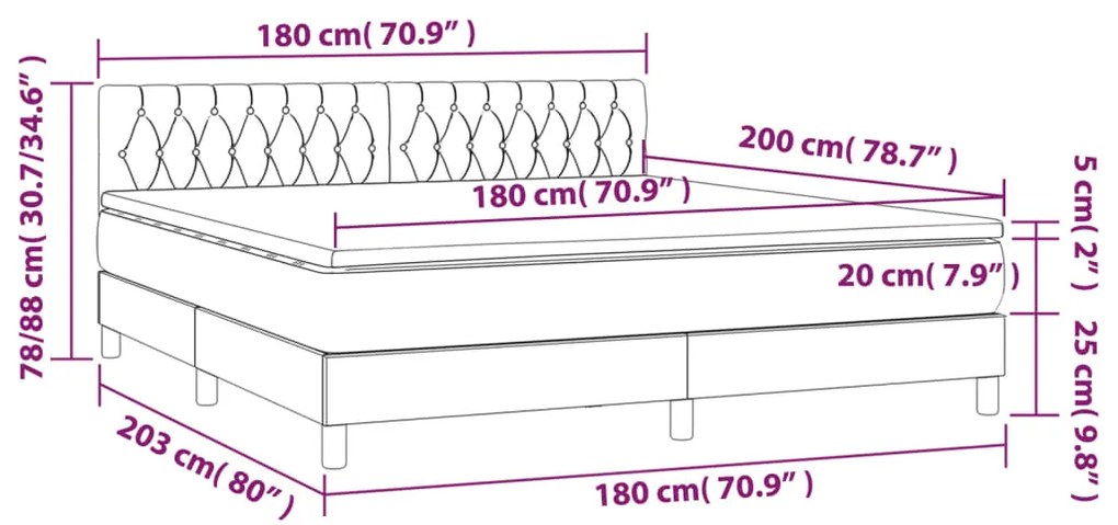 Cama box spring c/ colchão/LED 180x200cm veludo cinzento-escuro