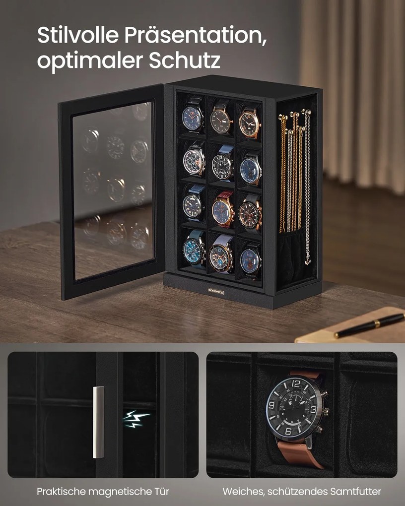 Caixa para relógios com 12 compartimentos e janelas de vidro 15,2 x 23,4 x 33,5 cm, giratória em 360°, preta