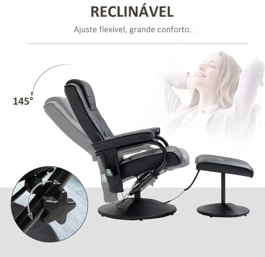 Poltrona de Massagem Elétrica com Banco para Apoiar os Pés Poltrona Relax Giratório Reclinável em até 145° com Controle Remoto e 10 Zonas de Massagem