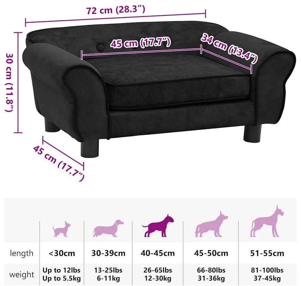 Sofá para cães 72x45x30 cm pelúcia preto