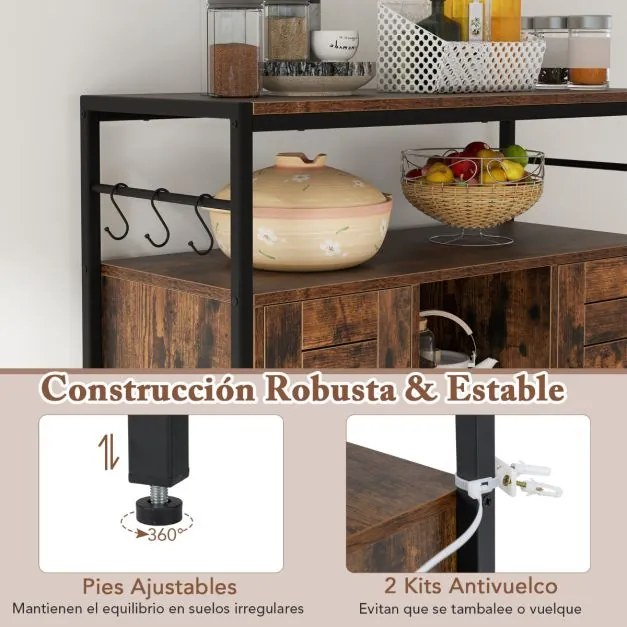 Aparador Armário 84 x 35 x 80 cm com 2 Portas Compartimentos Abertos Estantes Ajustáveis para Cozinha Sala de Jantar Castanho Rústico + Preto