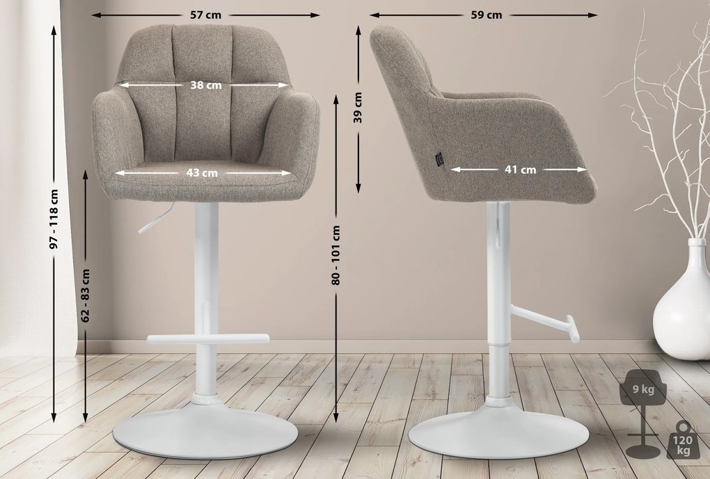 Banco de bar Natoma em tecido com estrutura branca 97-118 x 57 x 59 cm Castanho acinzentado