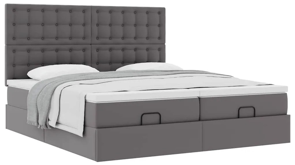 Estrutura de cama otomana com colchão cinza couro falso