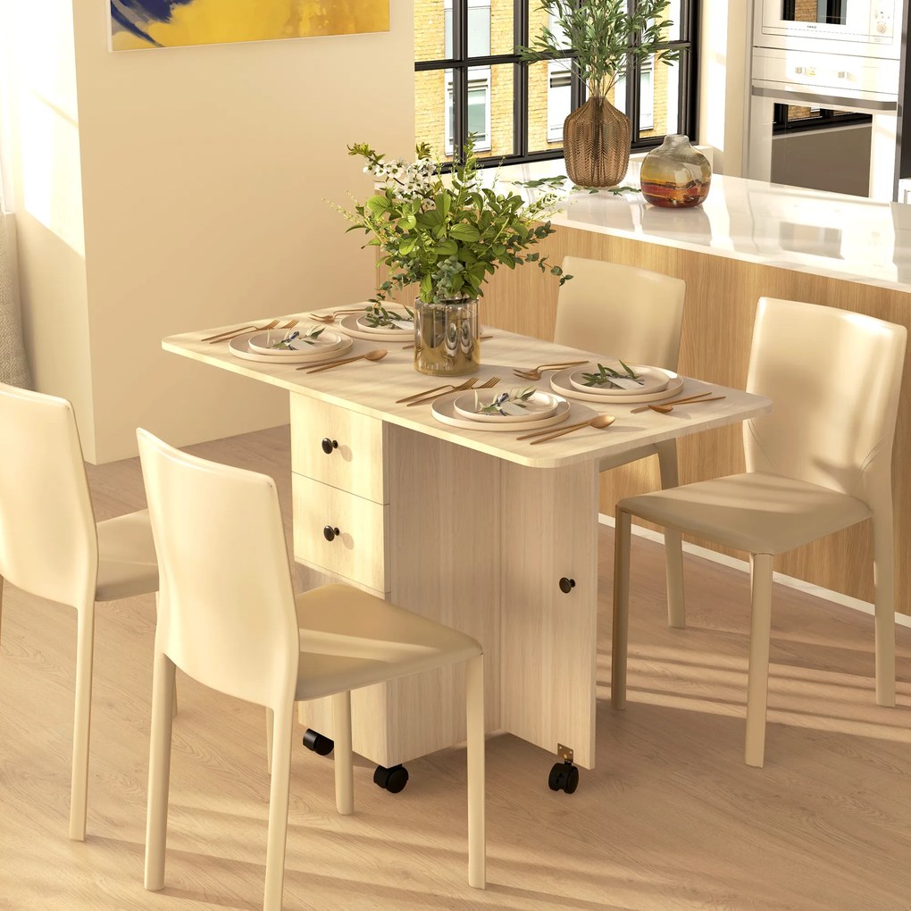 Mesa de Jantar Dobrável com Rodas (CADEIRAS NÃO INCLUIDAS) Mesa Abatível com 2 Gavetas e Armário Mesa Auxiliar Multifuncional 120x60x76,5 cm Madeira