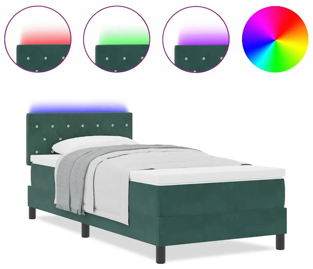 Cama Box Spring vidaXL com Colchão e LED Verde Escuro 90x200 cm Veludo