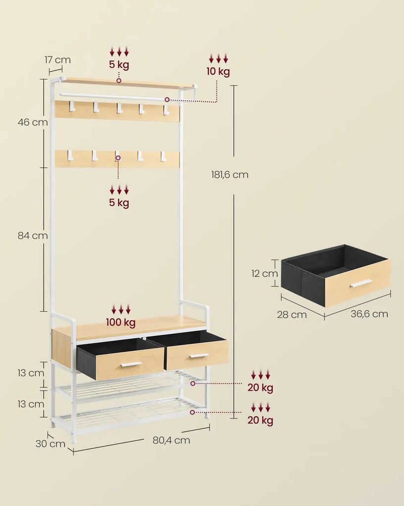 Móvel entrada, hall 30 x 80,4 x 181,6 cm com banco para sapatos cor de carvalho-branco