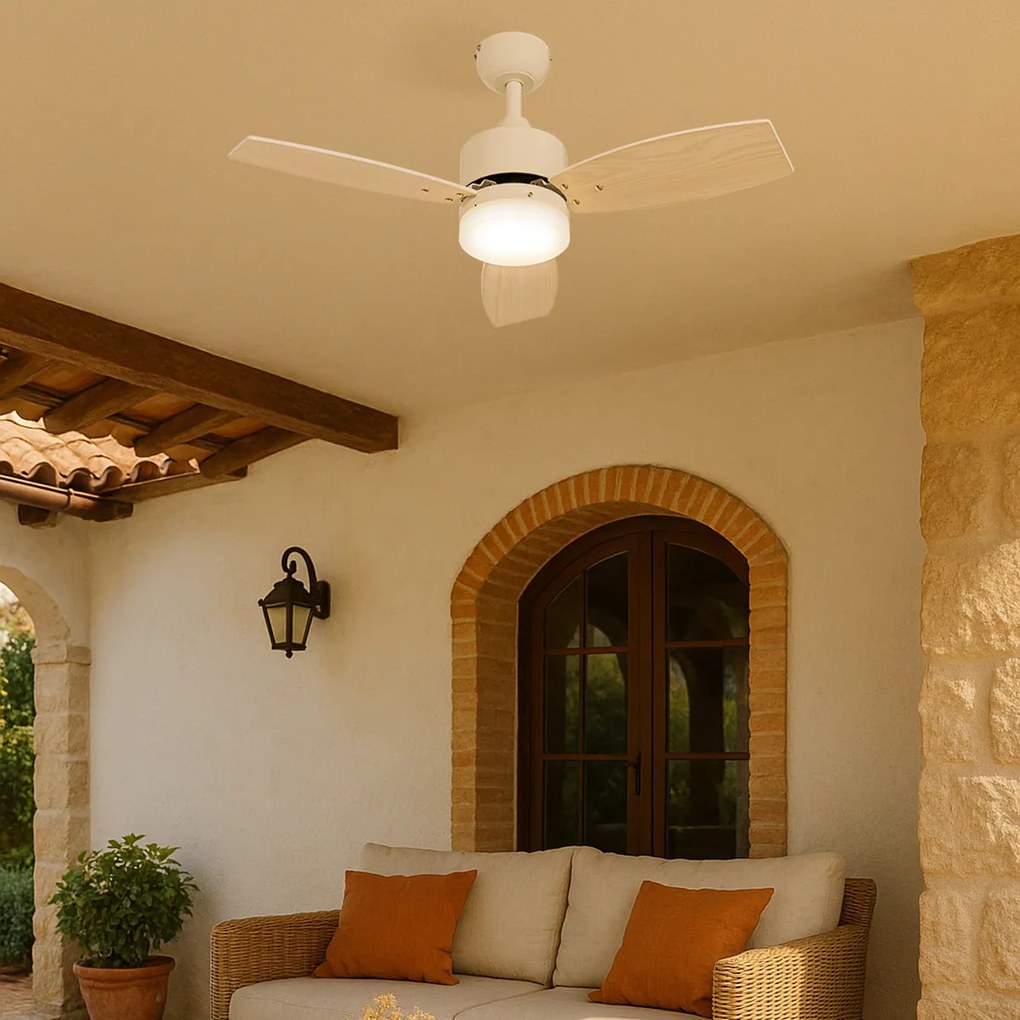 Ventilador de teto exterior branco com impressão de madeira 91,3 cm incl. LED regulável com controlo remoto IP44 - Toledo