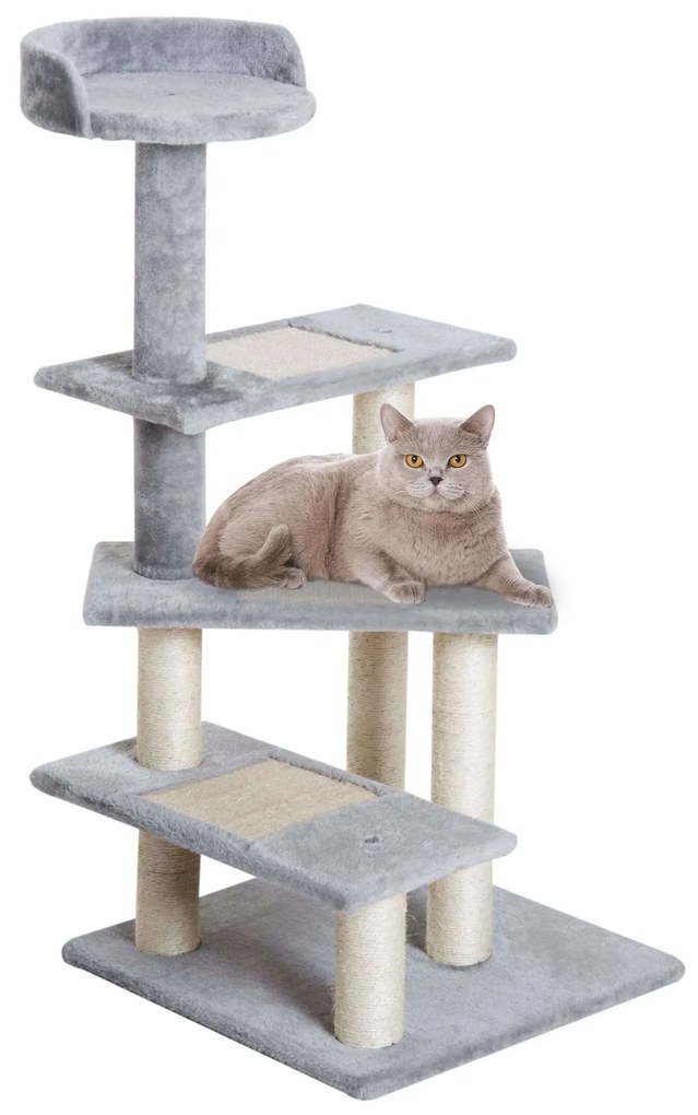 Arranhador Gatos Centro Atividades 3 Plataformas Madeira Sisal Bege Cinzento 48x48x99,5 cm PawHut