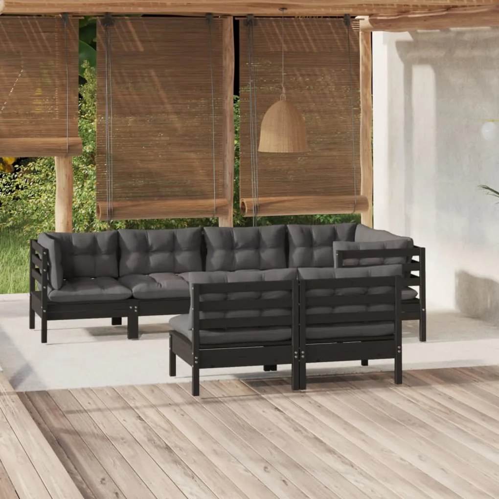 vidaXL 7 pcs conjunto lounge jardim c/ almofadões pinho maciço preto