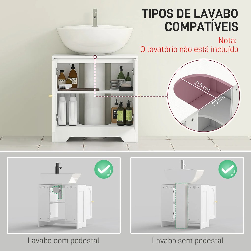 Móvel para Lavatório (NÃO INCLUIDO) Pousar com 2 Portas em Arco Puxadores Dourados para Lavatório com ou sem Pedestal 60x30x65 cm Branco
