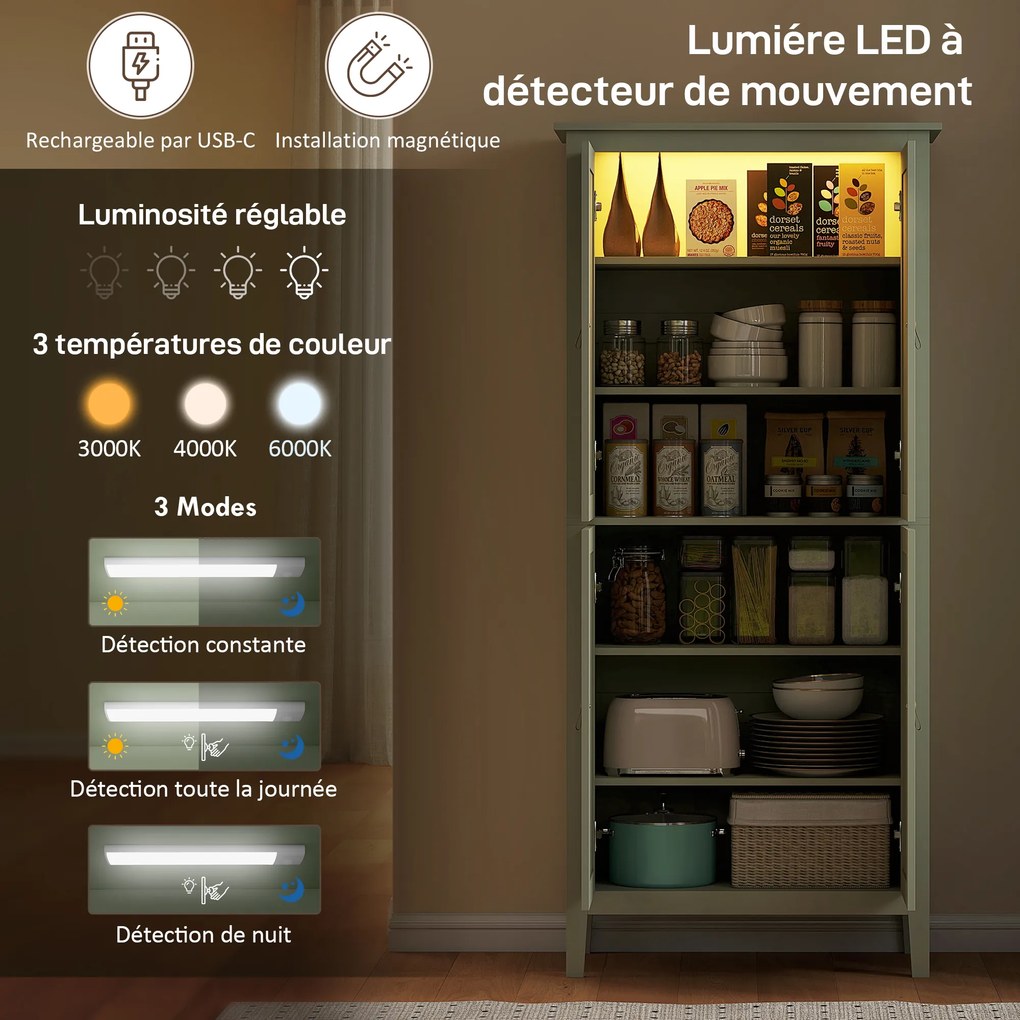 Armário Alto de Cozinha, 80 x 40 x 176,5 cm, LED Regulável com Sensor de Movimento, Verde