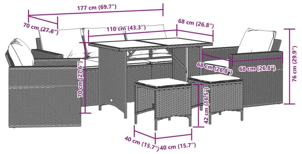 6 pcs conjunto sofás de jardim c/ almofadões vime PE preto