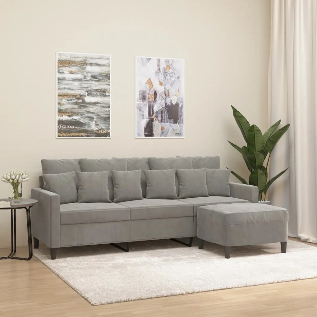 vidaXL Sofá de 3 lugares com apoio de pés 180 cm veludo cinzento-claro