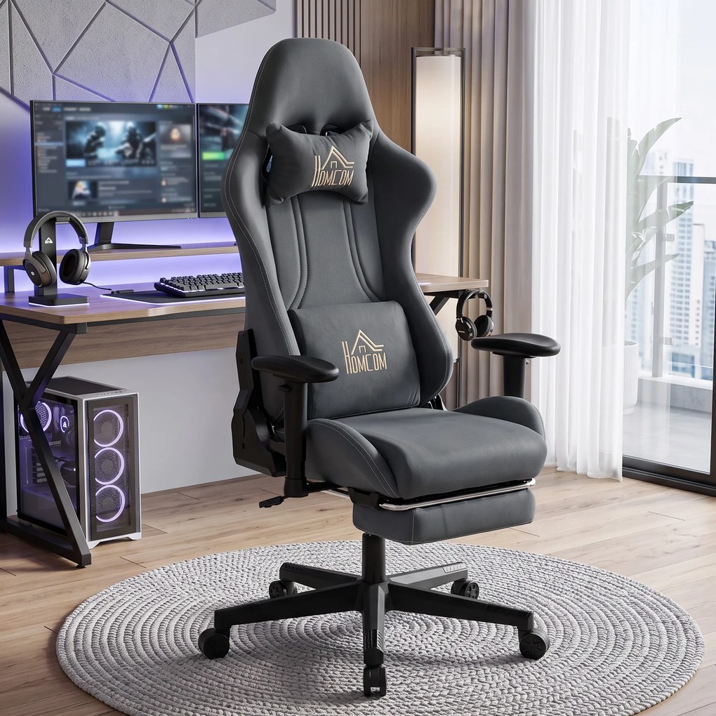 Cadeira Gaming Ergonómica, 76 x 72 x 132 cm, Apoios de Braços 3D Reguláveis, Cinzento